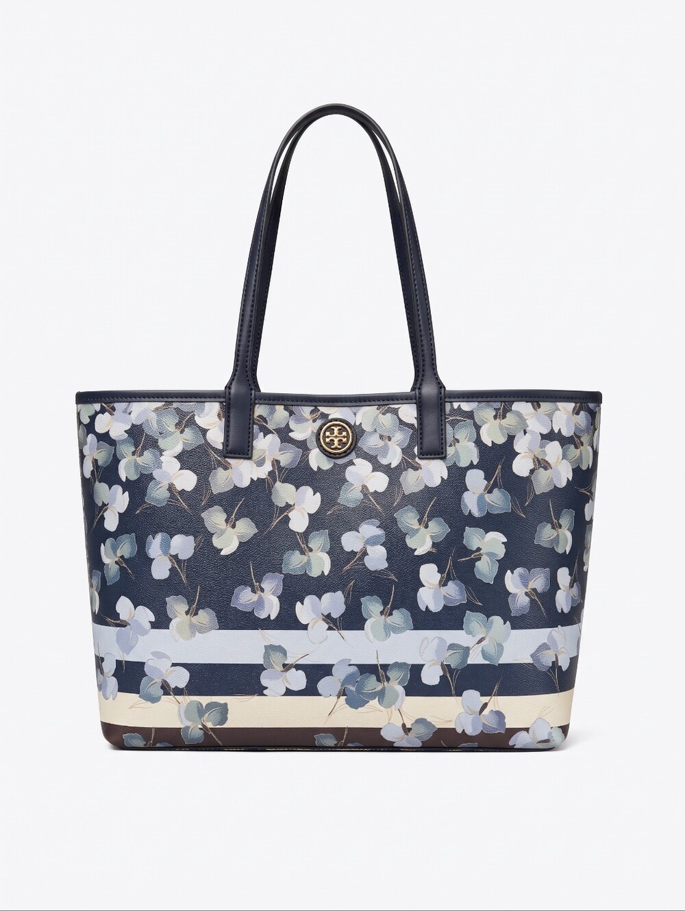 Tory Burch Navy Floral Stripe Large Tote with Gold Logo